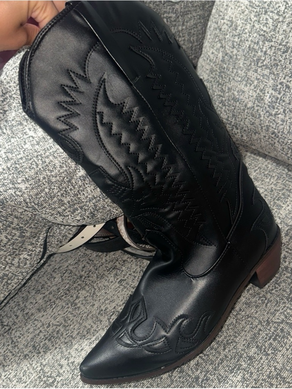 Black Western Stitch Leather Cowboy Boots - Picture 2 of 2